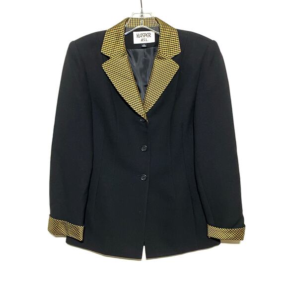 Kasper ASL Suit Jacket Blazer Black Gold Tan Checks Collar Cuffs Lined Womens 4 - Picture 1 of 8